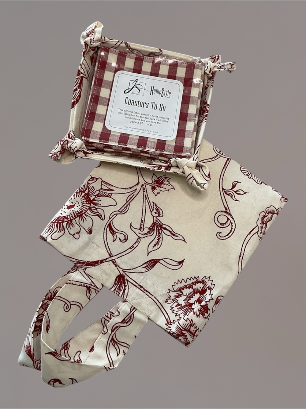 JS HomeStyle Coasters To Go Set Fabric  Coasters Holder Red Floral Gingham NEW - Picture 4 of 4